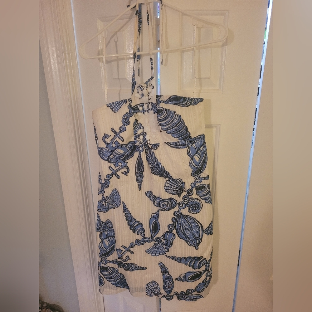 Blue and White Fallin in Love Seashell Halter Dress